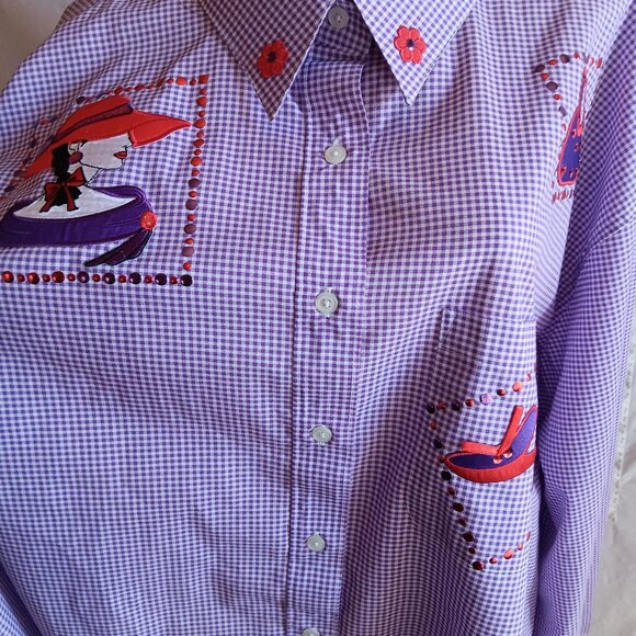 XXL Vintage 1990s Womens Sequin Top NEW P.G.B. Purple Checker Blouse Shirt XXL - Picture 3 of 6